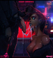 1boy 1girls after_rape areola areolae breasts brunette cum cum_in_mouth cyberpunk female female_focus female_only foreskin large_breasts measuring_penetration_depth nefera nipples nude nude_female nyuunzi original_character penis punk punk_girl punk_hair sci-fi science_fiction shadowrun uncut