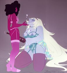 2girls afro alien arms_behind_back black_hair blush cartoon_network garnet_(steven_universe) gem gem_(species) gem_fusion hand_on_chin heart jasker_(artist) kneeling lingerie multiple_girls opal_(steven_universe) paddle ponytail purple_skin red_skin restrained steven_universe stockings submissive thick_thighs thighhighs wide_hips yuri