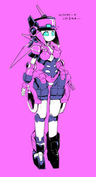 android blue_eyes breasts erect_nipples female hat highres no_humans no_mouth pink_background pinkle_(polynian) pochincoff pussy robot robot_neoanthropinae_polynian simple_background solo