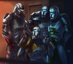 4boys armor boss_(star_wars) clone_commando clone_trooper clone_wars clonecest clothed covered_face cum_on_helmet fixer_(star_wars) gay handjob helmet_covering_face iyx male male_only mostly_clothed multiple_boys multiple_males multiple_penises penis republic_commando scorch_(star_wars) selfcest sev_(star_wars) star_wars star_wars:_the_clone_wars the_clone_wars:_season_three