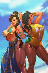 2girls alternate_costume alternate_hair_length alternate_hairstyle arms_up bangle basketball_jersey basketball_uniform bikini bikini_top black_hair blue_skirt bracelet brazilian brazilian_female breasts brown_eyes brown_hair capcom chun-li clenched_hands commentary cornrows dark-skinned_female dark_skin earrings english_commentary eyeliner female female_only fighting_stance hair_bun hair_ornament hair_over_one_eye hair_over_shoulder hair_stick hairband half-closed_eyes highres hoop_earrings huge_breasts jewelry large_breasts laura_matsuda lips lipstick long_hair long_skirt looking_at_viewer makeup multiple_girls negarobo nose robaato sarong side-tie_bikini side_slit sideboob skirt smile sportswear street_fighter street_fighter_v swimsuit swimsuit_under_clothes textless thick_thighs thighs