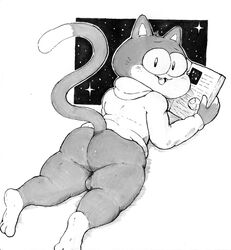 ass backsack balls book bottomless clothed clothing domestic_cat fangs felid feline felis greyscale holding_object looking_at_viewer lucas_(elchilenito) lying male male_only mammal monochrome open_mouth raised_tail rear_view smile solo star sweatshirt toony zackary911