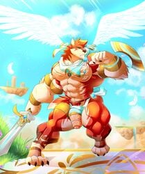 absurd_res anthro armpit_hair canid canine canis daikitei feathered_wings feathers flaccid hi_res humanoid_penis male male_only mammal melee_weapon muscular muscular_male outside pecs penis pubes solo standing sword uncut weapon wings wolf