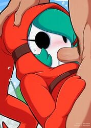 bangs blowjob blush borrowed_character clothed_female_nude_male clothed_sex clothing dress fellatio female genderswap_(mtf) green_hair hand_on_another's_head head_grab hollow_eyes hood hood_up hooded_dress male_pubic_hair mario_(series) mask merunyaa nintendo no_nose nose_blush nude open_mouth oral penis pubic_hair red_dress rule_63 saliva sex shy_gal shy_gal_mask sleeves_past_fingers sleeves_past_wrists solo_focus straight swept_bangs uncensored veins veiny_penis