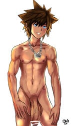 1boy adonis_belt blue_eyes brown_hair casual censored_penis chest flaccid foreskin human jewelry kingdom_hearts large_penis lostanemone male male_only mlm4anemone muscles navel necklace neckwear nipples nude penis smile solo sora sora_(kingdom_hearts) spiked_hair stomach toned toned_male veins veiny_penis