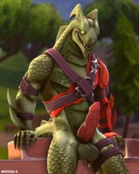 2019 3d animal_genitalia anthro averyhyena balls big_balls big_penis claws clothed clothing dragon erection fortnite hi_res hybrid_(fortnite) knot lizard male male_only nude outside partially_clothed penis presenting reptile scalie solo source_filmmaker sweat sweaty_balls tagme torn_clothing video_games