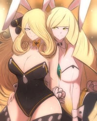 2girls adapted_costume aether_foundation alternate_breast_size alternate_costume arm_up armpits belly black_thighhighs blonde_hair breasts bunny_ears bunny_girl bunnysuit champion choker cleavage cleavage_cutout cynthia_(pokemon) eye_contact fake_ears fake_tail female female_only fluffy_tail green_eyes grey_eyes hair_ornament hair_over_one_eye half-closed_eyes hand_on_leg huge_breasts human large_breasts leg_grab long_hair lusamine_(pokemon) milf mother navel nintendo omiza_somi pokemon pokemon_dppt pokemon_sm ribbon samina_(pokémon) see-through silver_eyes smile source_request thick_thighs thigh_gap thighhighs thighs very_long_hair wide_hips yellow_background