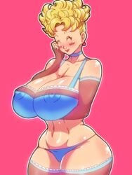 bare_shoulders bedaxe big_breasts blonde_hair blush bra breasts busty choker clavicle cleavage closed_eyes curvy dragon_ball dragon_ball_super earrings fishnets frilled_bra gilf huge_breasts large_breasts lingerie lipstick milf nipples panchy panchy_(dragon_ball) panchy_briefs panties shoulders stockings voluptuous