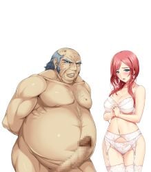 1boy 1girls 2d 2d_(artwork) alice_soft arima_shiori big_breasts blue_eyes censored cg couple couple_love duo fat_man father-in-law_and_daughter-in-law hands_behind_back hands_together heartful_maman highres huge_cock kinosaki_juuzo legs legs_together lingerie lips lipstick looking_at_viewer milf mosaic_censoring mother navel nude_male old_man onigirikun photoshop pleasure_face pleasured red_hair secretly_loves_it smile standing sweat tagme thick_thighs thighs transparent_background underwear white_bra white_panties white_stockings white_underwear