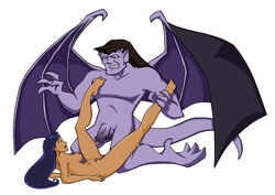 1boy 1girls anthro anthro_penetrating balls canon_couple dark-skinned_female disney elisa_maza female gargoyle gargoyles glamourkat goliath_(gargoyles) human human_penetrated imminent_penetration imminent_sex larger_male male missionary_position muscles muscular nude on_back penis romantic romantic_couple size_difference smaller_female spread_legs testicles wings