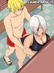 1boy 1girls absurd_res ambiguous_penetration angel_(kof) ass bench bikini bikini_aside blonde_hair blue_eyes doggy_style duo female hair hair_over_one_eye highres king_of_fighters laundrymom locker locker_room male penetration rock_howard sandals sex shorts snk straight video_games white_hair