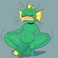 1:1 2019 3_toes anthro balls big_balls big_penis blush closed_eyes crouching exercise fish fish_(nuclear_throne) green_balls green_penis green_skin grey_background hi_res humanoid_penis male male_only marine motion_lines not_safe_for_reality nuclear_throne penis sharp_teeth simple_background solo spread_legs spreading sweat teeth toes