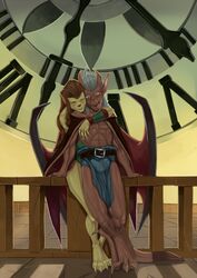 brooklyn_(gargoyles) bulge clock clothing disney duo female gargoyle gargoyles grope hair hi_res horn loincloth long_ears long_hair maggie_reed male pointy_ears siberwar smile straight white_hair wings