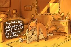 ambiguous_penetration bed canid canine dialogue disney female flat_chest fox fur furry male mammal mirror nick_wilde nobby_(artist) orange_fur penetration penis skye_(zootopia) straight zootopia