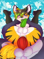 2boys ahe_gao anal anal_sex ass blush bound cum cum_inside foxgear full_nelson furry gay hi_res hybrid male open_mouth penetration penis strive testicles text tongue tongue_out watermark yaoi zane_krutiz