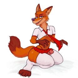 1:1 1boy 2019 anthro bottomwear canid canine clothed clothing crossdressing disney erection fox fur girly hi_res hicanyoumooforme humanoid_penis legwear lipstick looking_at_viewer makeup male male_only mammal mascara necktie nick_wilde penis school_uniform shirt skirt smile solo stockings thigh_highs topwear uniform wide_hips zootopia