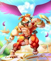 absurd_res anthro armpit_hair canid canine canis daikitei feathered_wings feathers flaccid hi_res humanoid_penis male male_only mammal melee_weapon muscular muscular_male outside pecs penis pubes solo standing sword uncut weapon wings wolf