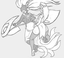 ahri anal ass bent_over cleavage clothing collar dat_ass demimond23 dickgirl dj_sona erection female fox_ears from_behind futa_on_female futanari high_heels intersex league_of_legends leash long_hair monochrome penis popstar_ahri sketch sona_buvelle stiletto_heels tight_fit very_high_heels