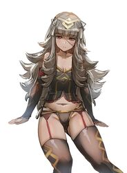 :( black_legwear blush bow_(bhp) breasts cleavage closed_mouth female female_only fire_emblem fire_emblem_heroes grey_hair hair_ornament long_hair navel red_eyes simple_background small_breasts solo veronica_(fire_emblem) white_background