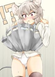 ?! animal_ears blush bow_panties grey_hair mepikari mouse_ears mouse_girl mouse_tail nazrin panties red_eyes short_hair skirt skirt_flip skirt_up standing surprised tagme tail thighhighs thighs touhou white_panties