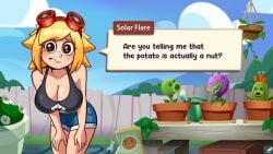 anthro belly belly_button big_breasts blonde_female blonde_hair blush breasts cleavage dialogue gijinka goggles goggles_on_forehead goggles_on_head human humanoid jeans lykan_starlight plant plant_girl plant_humanoid plants_vs_zombies pvz short_hair short_shorts shorts smile solar_flare_(pvz) tagme tank_top