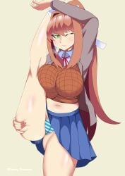 5_fingers big_breasts blue_skirt breasts doki_doki_literature_club empty_pinecone green_eyes holding_leg_up holding_own_leg holding_own_leg_up leg_up long_hair monika_(doki_doki_literature_club) panties shimapan skirt