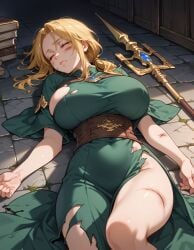 ai_generated blonde_hair green_dress historyia large_breasts on_back on_floor original original_character passed_out ponytail staff the_summoned torn_clothes unconscious