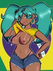 booty_shorts brazil brazilian brazilian_female brazilian_miku dark-skinned_female etor3c flashing hatsune_miku titty_drop tongue_out vocaloid wink