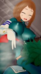 1boy 1boy1girl 1girls 3d eating_pussy head_between_legs head_between_thighs izuku_midoriya izuku_midoriya_(cosplay) izuku_midoriya_(hero_outfit) licking_pussy my_hero_academia ochako_uraraka qxdt