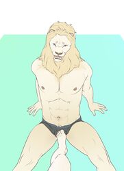 9x9 animal_genitalia anthro ballbusting bulge clothing cock_and_ball_torture control_bestow_therapy father father_and_son felid hi_res lion male male_only mammal muscular pantherine parent sheath son story story_in_description underwear