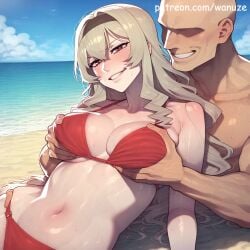 ai_generated bald big_ass big_breasts big_butt big_thighs bikini blonde_hair blush faceless_male groping groping_breasts groping_from_behind hairband huge_ass huge_butt huge_thighs light-skinned_male light_skin medium_breasts muscular muscular_male purple_eyes red_bikini red_swimsuit swimsuit wanuze wide_hips