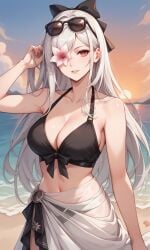 ai_generated beach bikini bikini_top black_bikini_top breasts drag-on_dragoon_3 drakengard_3 female flower flower_in_eye long_hair pink_eyes transparent_skirt white_hair zero_(drag-on_dragoon) zero_(drakengard)