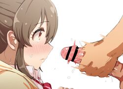 1boy bangs bar_censor brown_hair censored closed_mouth clothed_female_nude_male collared_shirt erection eyebrows_visible_through_hair female from_side hair_between_eyes highres hori_yuuko idolmaster idolmaster_cinderella_girls male_masturbation masturbation nude penis penis_awe pink_neckwear profile red_eyes shirt sidelocks simple_background sweat upper_body wasabi_(nmrw4477) white_background