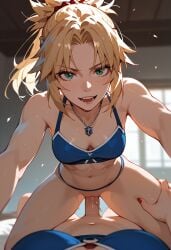 ai_generated bra cowgirl_position fate/apocrypha fate/grand_order fate_(series) futa_on_female futanari green_eyes mordred_(fate) open_mouth penis pov pov_eye_contact sex tagme vaginal_penetration