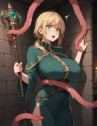 ai_generated blonde_hair green_dress historyia large_breasts original original_character ponytail staff surprised tentacle tentacle the_summoned