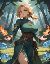 ai_generated blonde_hair fireball green_dress historyia large_breasts mage original original_character ponytail slime the_summoned