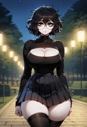 1girls ai_generated artstyle_imitation ass big_breasts black_hair breasts brown_eyes choker cleavage eyelashes eyeshadow glasses goth goth_girl gothic huge_breasts light-skinned_female messy messy_hair naughty naughty_face nerd night night_sky olie pale-skinned_female pleated_skirt round_glasses short_hair skirt thiccwithaq_(ai_style) thick_ass thick_legs thick_lips thick_thighs thighs turtleneck turtleneck_sweater wavy_hair xandr