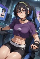 abs ai_generated avatar_legends avatar_the_last_airbender choker gaming gaming_chair gloves greentime high_resolution highres muscular muscular_female short_hair shorts small_breasts toph_bei_fong