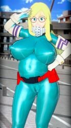 3d gigantic_breasts green_outfit izuku_midoriya_(cosplay) izuku_midoriya_(hero_outfit) melissa_shield my_hero_academia pregnant qxdt