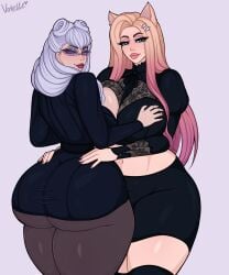 2girls ahri ass ass_focus ass_grab big_ass big_breasts big_butt blonde_hair breast_press breasts breasts_out cat_ears cat_girl catgirl clothes curvy curvy_body curvy_female curvy_figure curvy_hips dress evelynn female female/female female_focus female_only glasses hand_on_ass hand_on_breast hand_on_butt hand_on_hip huge_ass jacket k/da_ahri k/da_all_out_ahri k/da_all_out_evelynn k/da_all_out_series k/da_evelynn k/da_series league_of_legends light-skinned_female light_skin long_hair pantyhose pink_hair purple_hair skirt standing the_baddest_ahri the_baddest_evelynn thick thick_ass thick_hips thick_legs thick_thighs vo1ette white_hair yuri yuri