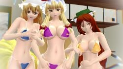 2023 3d 3girls adult_female bakeneko bikini blonde_hair_female blue_bikini brown_eyes brown_hair_female cat_tails chen cleavage fox_tails green_hat green_headwear grown_up hati_yukkuri_mmd holding holding_arms indoors inside kemonomimi light-skinned_female long_hair_female looking_at_viewer midriff mikumikudance mmd mob_cap nine_tailed_fox open_mouth perfect_cherry_blossom purple_bikini ran_yakumo red_bowtie red_eyes shinigami smiling_at_viewer swimsuit touhou trio_focus twintails white_hat yellow_bikini yellow_eyes youkai yukari_yakumo