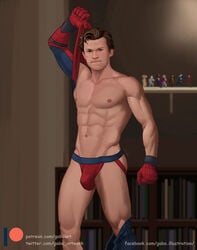 1boy abs bulge celebrity gabo_artist jockstrap jockstrap_only male male_only marvel muscle pants_down peter_parker solo spider-man spider-man_(series) spider-man_(tom_holland) superhero tom_holland underwear underwear_only undressing