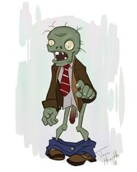 browncoat_zombie_(pvz) coat dripping_cum green_skin hearth_taro male male_only mouth_open pants_down plants_vs_zombies simple_background solo white_shirt zombie zombie_(pvz)