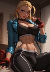 1futa ai_generated blonde_hair blue_eyes breasts bulge bulge_through_clothing cammy_white futanari gloves huge_breasts huge_cock jacket looking_down makeup penis smile smiling_at_viewer solo solo_focus street_fighter street_fighter_6 taker_pov velonix