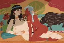 1boy1girl 2d 2d_(artwork) ancient_greece ass big_breasts black_hair blue_hair breasts dark-skinned_male dark_hair erection female femboy greek_mythology grey_hair hera_(greek_mythology) hips history huge_breasts jewelry light-skinned_female lying lying_on_bed lying_on_side male nude nude_female nude_male precum pubic_hair sanstitre tagme twink wide_hips yellow_eyes zeus