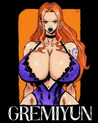 big_breasts bimbo bimbo_lips bimbofication earrings female female_only gooning gremiyun large_breasts leotard lingerie makeup nami nami_(one_piece) one_piece orange_hair prostitution purple_dress tattoo wavy_hair wide_hips