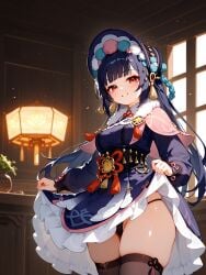 absurd_res ai_generated blush bonnet genshin_impact lifted_dress lolita_fashion long_sleeves medium_breasts ministro panties showing_panties standing tassel thick thick_thighs thong yun_jin_(genshin_impact)