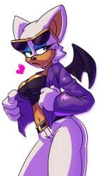 2023 2d absurd_res anthro bat belt bonk150 bottomwear breasts cleavage clothed clothing eyewear eyewear_on_head female hi_res jacket mammal membrane_(anatomy) membranous_wings mobian mobian_(species) mobian_bat navel pants rouge_the_bat sega simple_background solo sonic_(series) sonic_adventure_2 sonic_the_hedgehog_(series) sunglasses the_murder_of_sonic_the_hedgehog topwear white_background wings