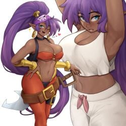 armpits arms_up belt blue_eyes bracer breasts cleavage crop_top dark-skinned_female dark_skin earrings female hand_on_own_hip hannesfkr highres hoop_earrings jewelry large_breasts loose_belt official_alternate_costume pajamas pointy_ears ponytail purple_hair shantae shantae_(character) shantae_and_the_pirate's_curse solo toned vest