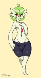 2017 3_fingers ahoge bangs big_bulge biped bottomwear bulge clothed clothing detailed_bulge digital_drawing_(artwork) digital_media_(artwork) eyelashes faelyn_(snugundies) fan_character featureless_feet feet femboy fingers front_view full-length_portrait gardevoir generation_3_pokemon genital_outline green_hair hair hand_on_chest hi_res humanoid lips looking_at_viewer male midriff navel nintendo nipples noriega open_mouth pear-shaped_figure penis_outline pink_nipples pokemon pokemon_(species) portrait red_eyes short shorts signature simple_background small_waist solo spandex spandex_shorts spandex_shorts_only spikes spikes_(anatomy) standing tight_bottomwear tight_clothing tight_shorts topless white_body white_skin wide_hips yellow_background